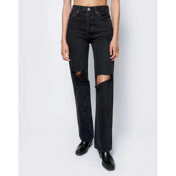 Re Done 90s straight‎ high rise loose long black ripped distressed jeans size 24 - Picture 1 of 11